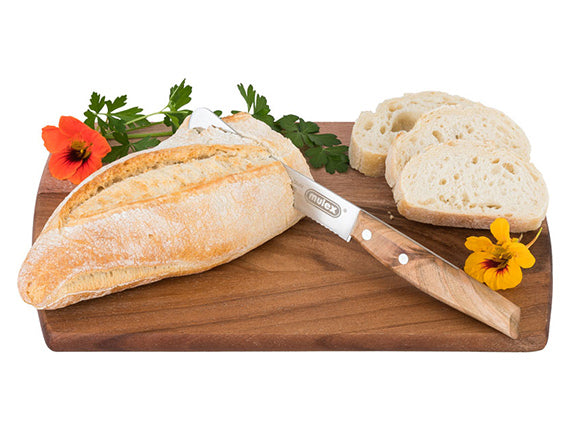 Mulex - Buckelsmesser / Frühstücksmesser geschmiedet mit Olivenholz - Wellenschliff